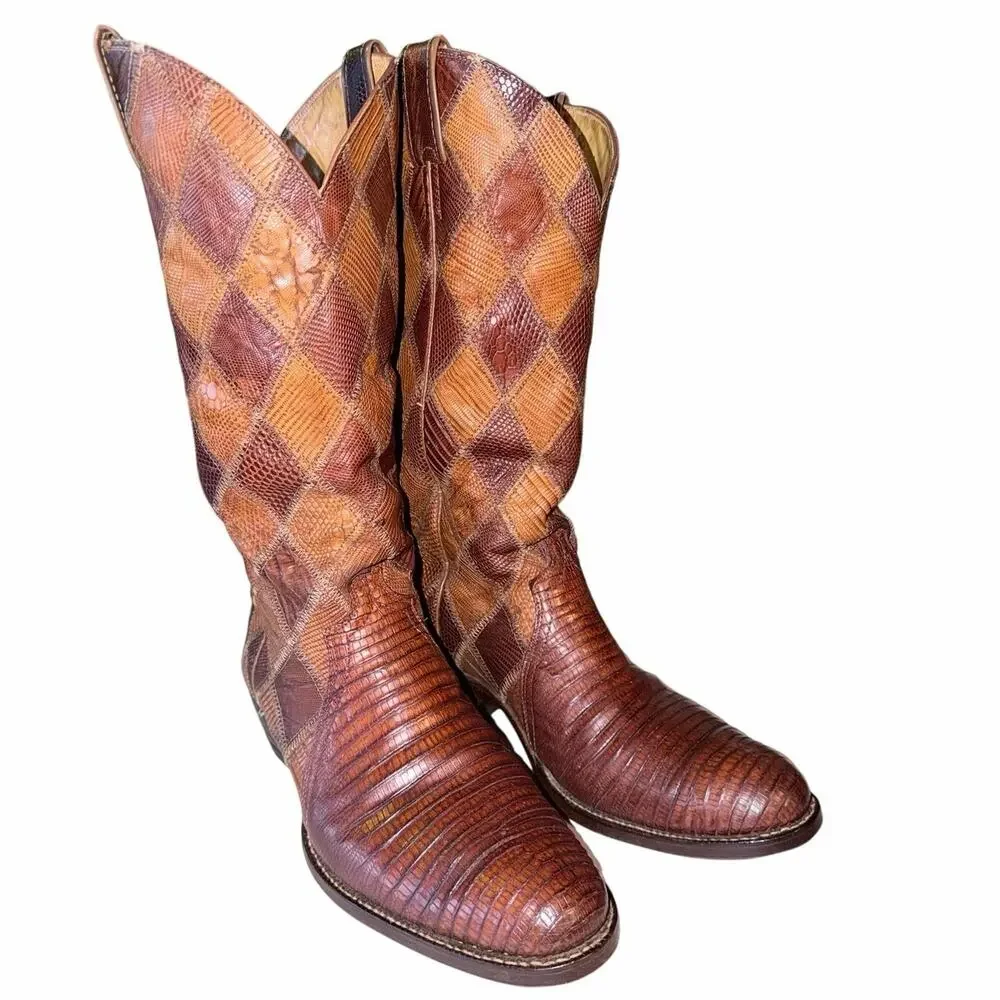 Vintage men’s Justin brown leather patchwork boots lizard country western 10EE